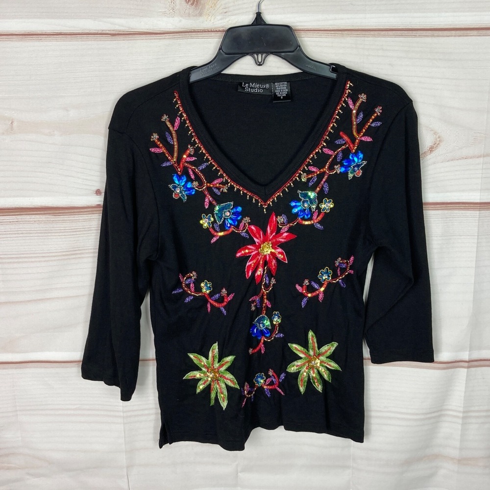 Le Mieux Studio Top Womens S Black V-Neck T-Shirt Floral Sequins Rhinestone Knit